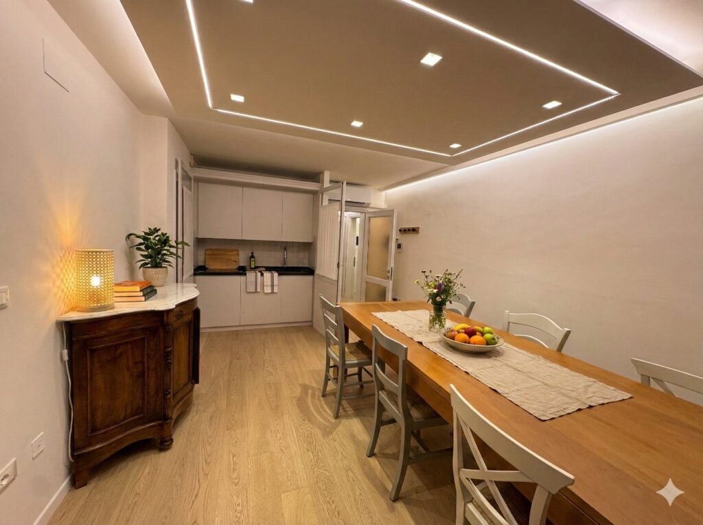 Zona pranzo e cucina di Riflesso ad Assisi con lungo tavolo in legno, parquet chiaro e luci a incasso