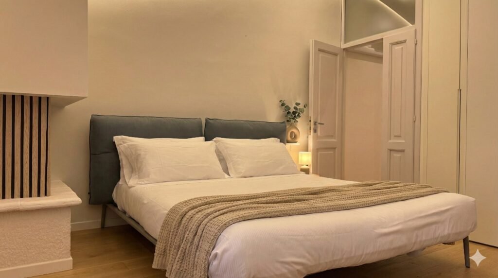 Camera matrimoniale di Riflesso ad Assisi con letto queen, testiera imbottita e toni neutri