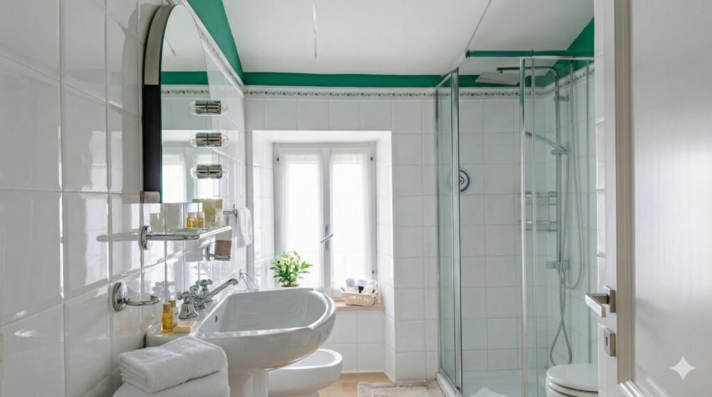 Bagno moderno e luminoso di Riflesso ad Assisi con doccia in vetro e finestra sul centro storico
